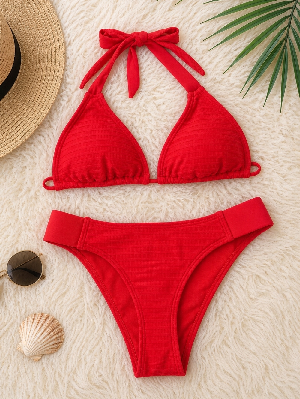 Massimo Red Ribbed Bikini Set | Size S | Halter Top